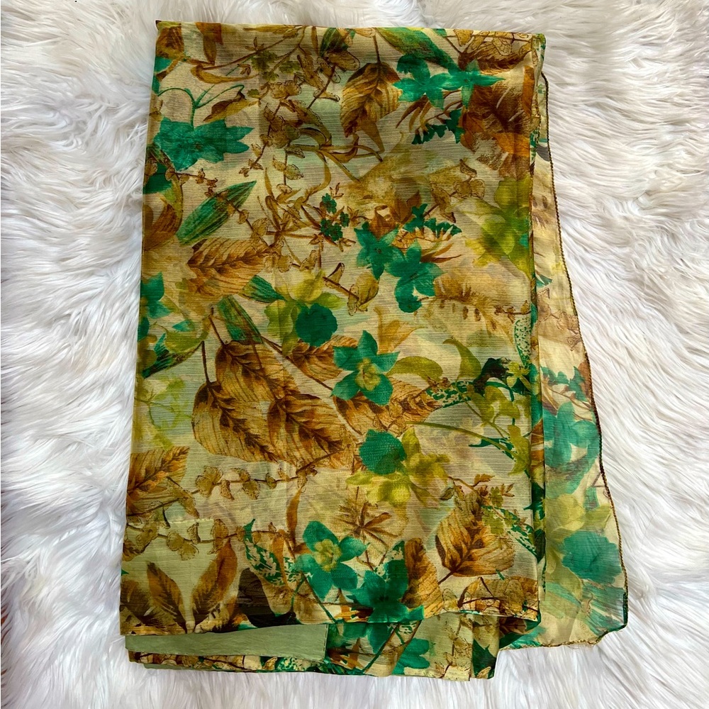 Lightweight Floral Print Green and Brown Chiffon Silk Material Indian Saree